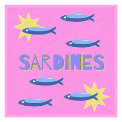 Fototapeta premium Playful sardines pattern on pink starry background. Whimsical vector illustration for seafood packaging, kids' textiles.