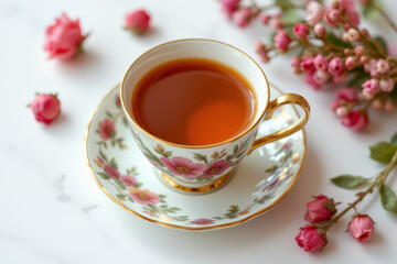 Fototapeta premium Beautiful tea cup with floral design, surrounded by pink roses, evokes serene atmosphere
