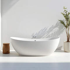 Modern freestanding bathtub sits elegantly bright, minimalist bathroom, surrounded by greenery