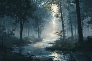 Misty forest scene with stream of water