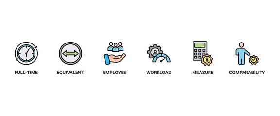 FTE banner web icon set vector illustration concept of full time equivalent with icon of full-time, equivalent, employee, workload, measure and comparability
