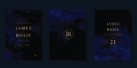 Luxury wedding card design vector set. Elegant invitation card with little star moon sun meteor and space decoration on navy blue background. Design illustration for cover, poster, gala.