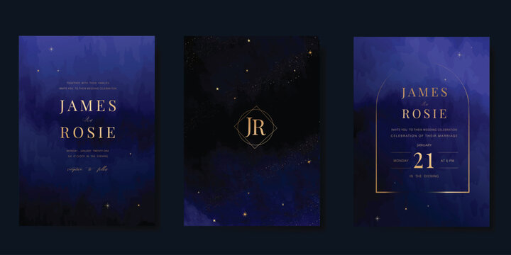 Luxury wedding card design vector set. Elegant invitation card with little star moon sun meteor and space decoration on navy blue background. Design illustration for cover, poster, gala.