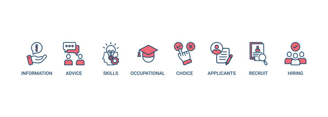 Job fair banner web icon set vector illustration concept for employee recruitment and onboarding program with an icon of the information, advice, skills, occupational, applicants, recruit, and hiring