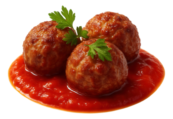 Three meatballs in rich tomato sauce garnished with fresh parsley sprigs.