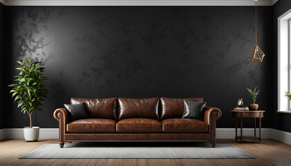 Opulent Leather Sofa – Plush Comfort Against Moody Black Wall