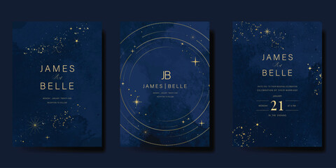 Luxury wedding card design vector set. Elegant invitation card with little star moon sun meteor and space decoration on navy blue background. Design illustration for cover, poster, gala.