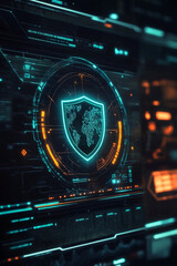 Obraz premium Glowing shield with world map inside surrounded by digital elements on a dark background screen view