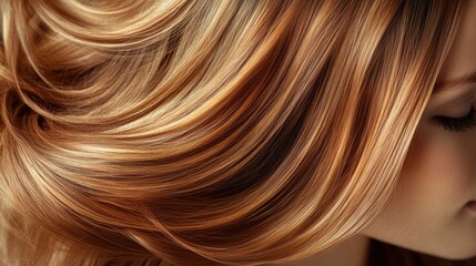 Fototapeta premium Beautiful model girl with Brown hair strand,silky healthy chestnut wavy hair strand,hair wavy ribbon, with smooth,Keratin straightening,Treatment,straight long hair,procedures,Smooth hairstyle.