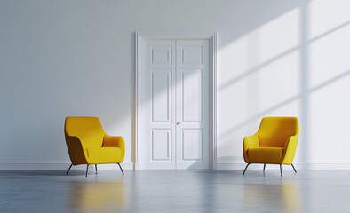 Two mustard-yellow armchairs flank a white double door in a minimalist room bathed in sunlight, casting shadows on the floor and door.  
