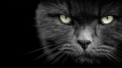 Close-up of a black cat's face with piercing green eyes and detailed fur texture