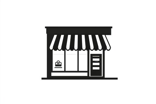Black icon of a storefront with an awning, a window on the left, and a door on the right. The background is white