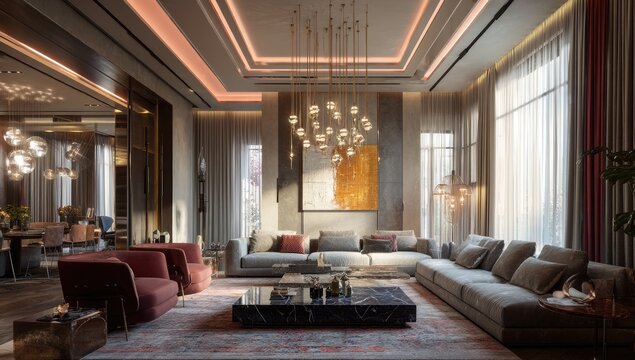 Luxurious modern living room with a blend of warm and cool tones.  Large windows allow natural light to pour in, highlighting the sophisticated decor