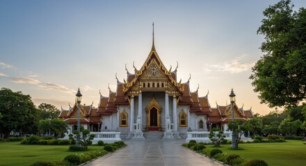 Naklejka premium Photo of Magnificent Temple Architecture in Bangkok Thailand during Sunrise