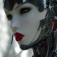 Cybernetic woman with red lipstick and dark eyes gazes downwards, wearing dark metal plating around her head and robotic neck