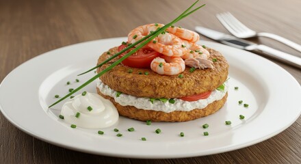 Photo of Gourmet Shrimp Dish On White Plate With Wooden Background