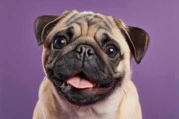 Obraz premium Portrait of a Happy Pug: A charming pug, with its wrinkly face and adorable expression, offers a captivating portrait against a vibrant purple backdrop.