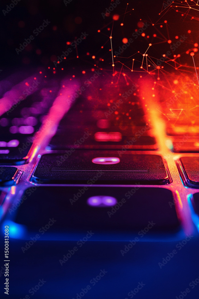 Aufkleber close up view of a keyboard with red and blue lighting and digital network overlay effect on top