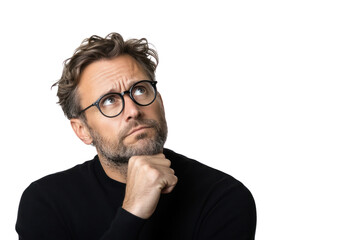 Thoughtful Gaze: A contemplative man with glasses, lost in thought, gazes upwards, capturing deep reflection and introspection.