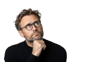 Thoughtful Gaze: A contemplative man with glasses, lost in thought, gazes upwards, capturing deep reflection and introspection.