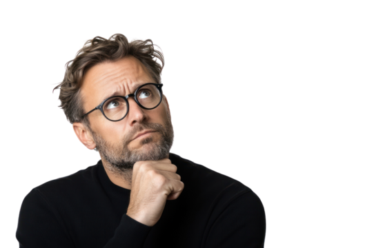 Thoughtful Gaze: A contemplative man with glasses, lost in thought, gazes upwards, capturing deep reflection and introspection.