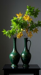 Photo of Green Vases with Autumn Leaves on a Dark Table