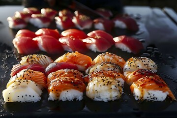 The focused knife technique of a sushi chef preparing assorted nigiri and sashimi.