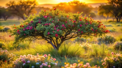 Golden Hour Bloom A solitary flowering tree bathed in the warm glow of the setting sun, surrounded by a vibrant meadow of wildflowers and grasses.