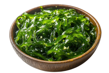 Wakame Seaweed Salad in Bowl: A vibrant bowl of fresh wakame seaweed salad, glistening with a light dressing. The seaweed's deep green color is accentuated by the natural wood bowl.