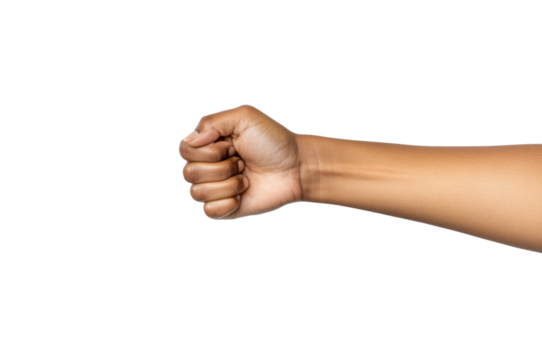 Hand in Focus: A close-up shot of a clenched fist in a gesture of strength, resolve, and determination. Focused and striking with dramatic lighting.