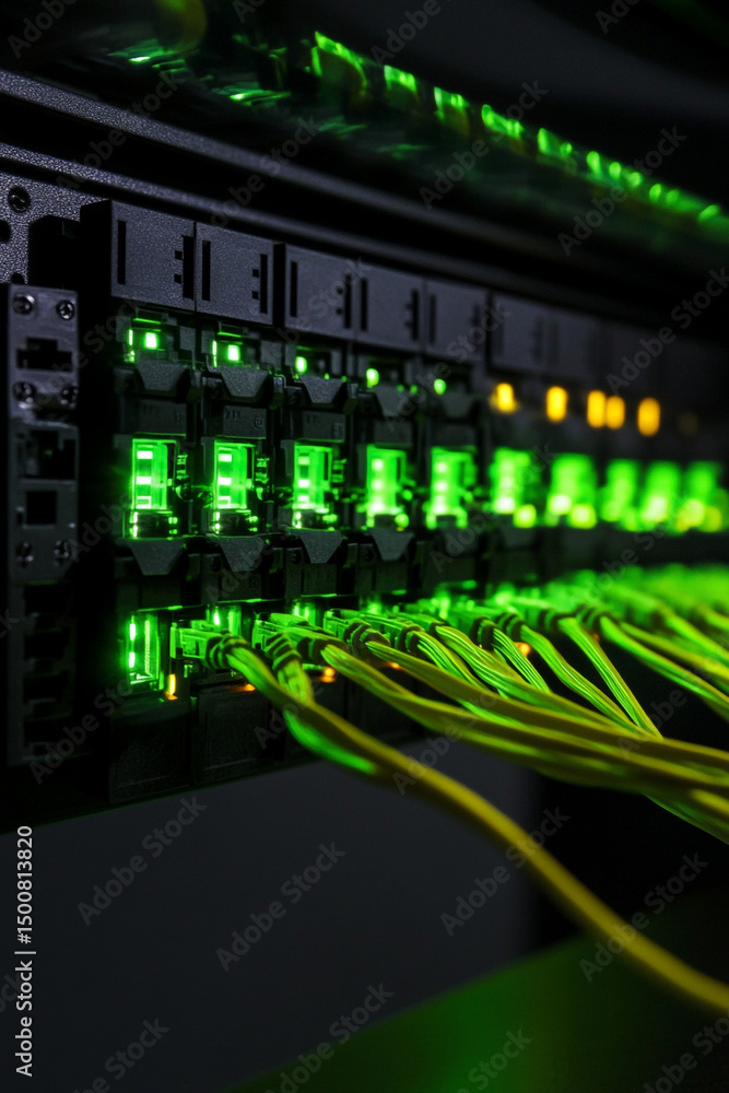 Poster close up view of a server rack with glowing green lights and connected cables in a dark setting