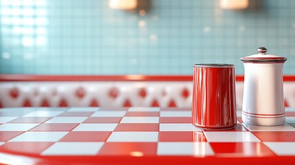 A nostalgic view of a classic American diner with a red and white checkerboard table, booth seating, and condiment shakers