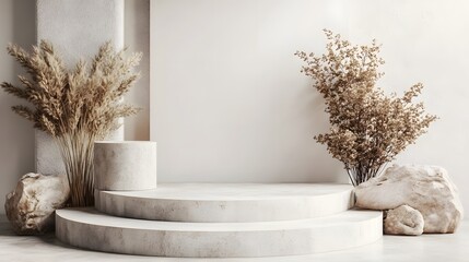 Minimalist display podium with dried flowers and rocks.