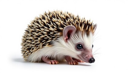 Fototapeta premium A tiny hedgehog, curled into a ball, isolated on pure white background , hedgehog portrait, fauna photography, animal photography
