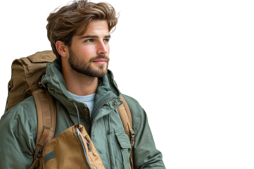 Adventurous Explorer: A handsome man with a beard embarks on a journey, his backpack ready for exploration, embodying the spirit of adventure and freedom. He gazes confidently into the distance.