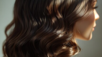 Fototapeta premium Beautiful model girl with Brown hair strand,silky healthy chestnut wavy hair strand,hair wavy ribbon, with smooth,Keratin straightening,Treatment,straight long hair,procedures,Smooth hairstyle.