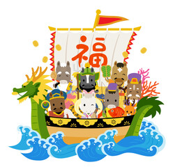 ウマ年の七福神が乗った宝船