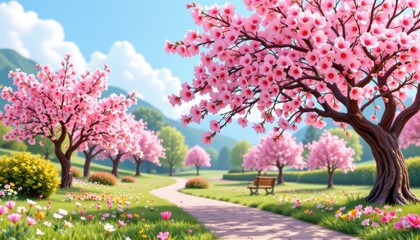 Naklejka premium Perspective view of wold envariroment concept. Blossoming cherry trees line a peaceful path in a vibrant spring landscape.
