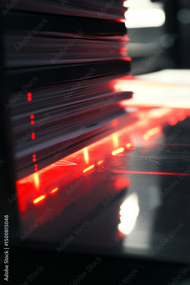 Poster a close up view of stacked dark papers with red light reflecting on the surface in a dark area