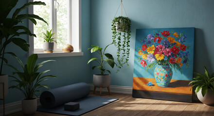 Tranquil Corner with Plants, Yoga Mat, and Diffuser by Window