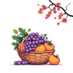 Vsai wicker basket overflowing with freshly picked grapes and persimmons in autumn