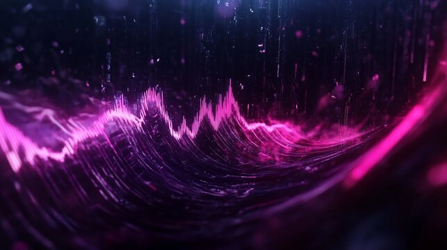 Abstract digital audio wave visualizer with glitch effects and purple tones in dark space