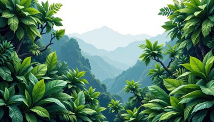 Obraz premium Perspective view of wold envariroment concept. Lush jungle landscape with mountains and vibrant foliage in the background.