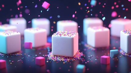 Colorful cubes with sprinkles on a dark background.