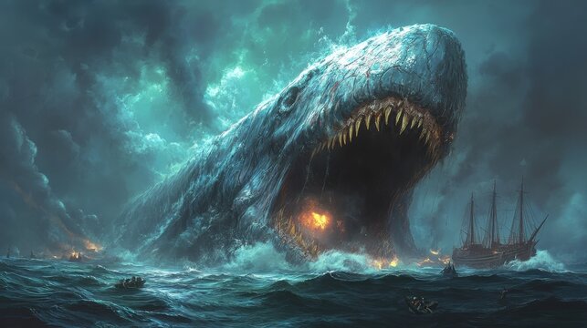 Giant whale emerges from stormy sea, ships nearby. Menacing ocean encounter depicted