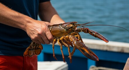 Photo of Hand Holding Fresh Lobster with Blue Water Background Outdoors