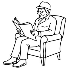A retired man sits ina  rocking chair and reads news newspaper