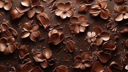 Obraz premium A rich, decadent canvas of sculpted brown flowers created with thick, creamy strokes of melted chocolate paste, an artistic confectionery concept