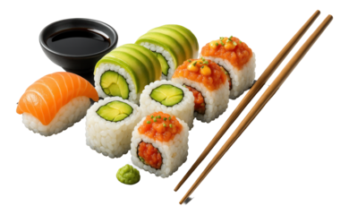Assorted sushi platter with salmon nigiri and avocado, cucumber, and spicy rolls, served with soy sauce, wasabi, and chopsticks.