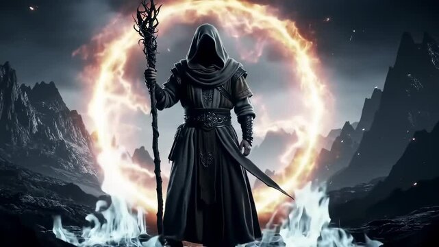 Epic mage standing in a circle of fire in a mountain wasteland